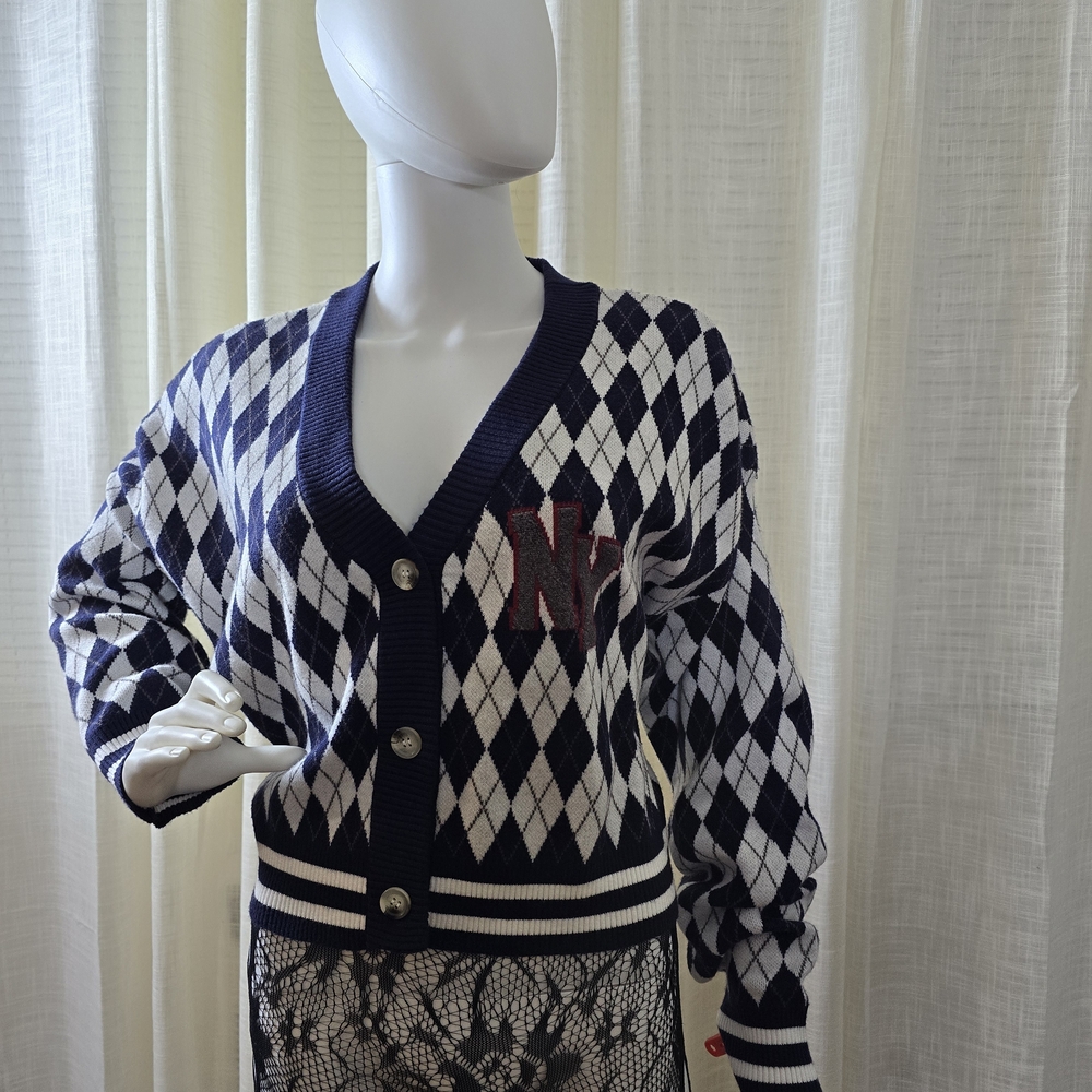 Navy Argyle Button-Up Cardigan